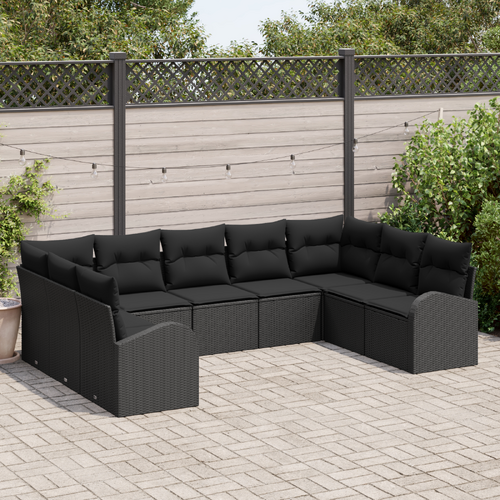 9 Piece Garden Sofa Set with Cushions Black Poly Rattan