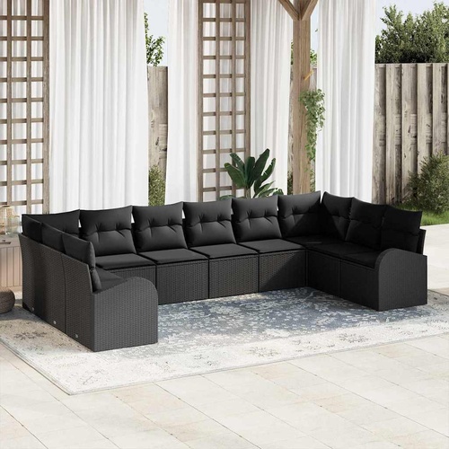 10 Piece Garden Sofa Set with Cushions in Black Poly Rattan