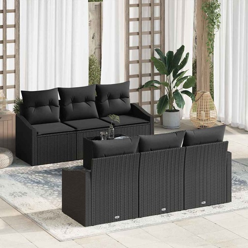 7 Piece Garden Sofa Set with Cushions Black Poly Rattan