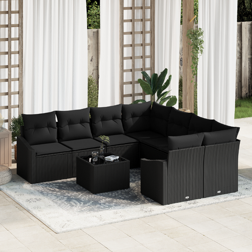 9 Piece Garden Sofa Set with Cushions Black Poly Rattan