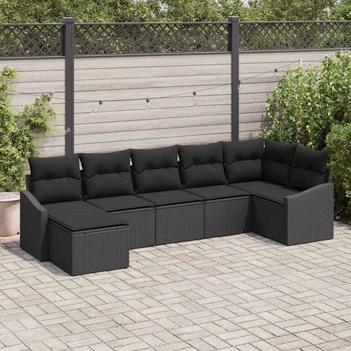 7 Piece Garden Sofa Set with Cushions Black Poly Rattan