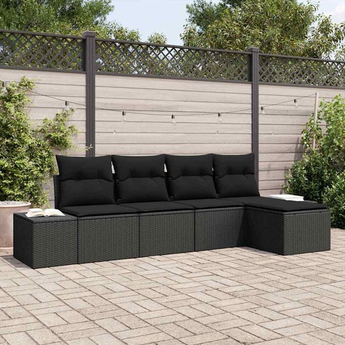 5 Piece Garden Sofa Set with Cushions Black Poly Rattan