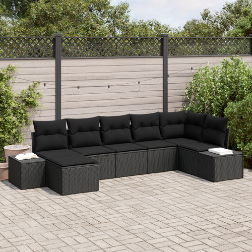 7 Piece Garden Sofa Set with Cushions Black Poly Rattan