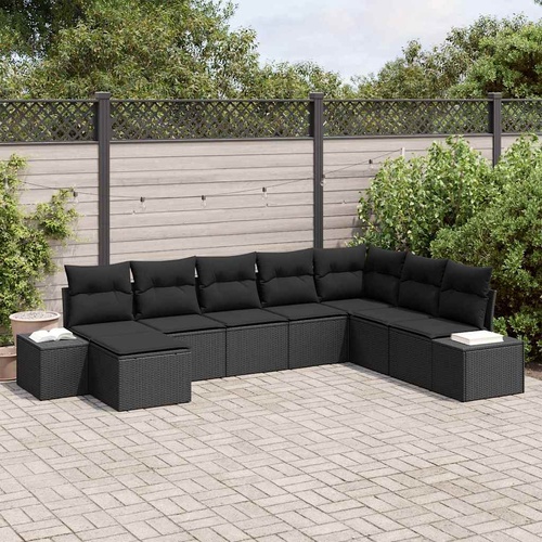 8 Piece Garden Sofa Set with Cushions, Black Poly Rattan.