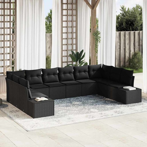 10 Piece Garden Sofa Set with Cushions in Black Poly Rattan