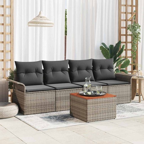 5 Piece Garden Sofa Set with Cushions Grey Poly Rattan Acacia