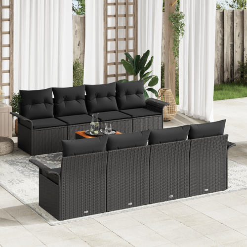 9 Piece Garden Sofa Set with Cushions Black Poly Rattan Acacia