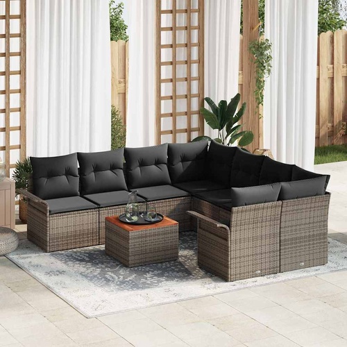 9 Piece Garden Sofa Set with Cushions Grey Poly Rattan Acacia