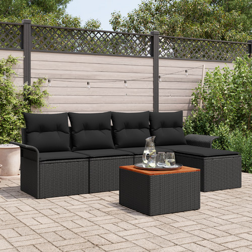 6 Piece Garden Sofa Set with Cushions Black Poly Rattan Acacia