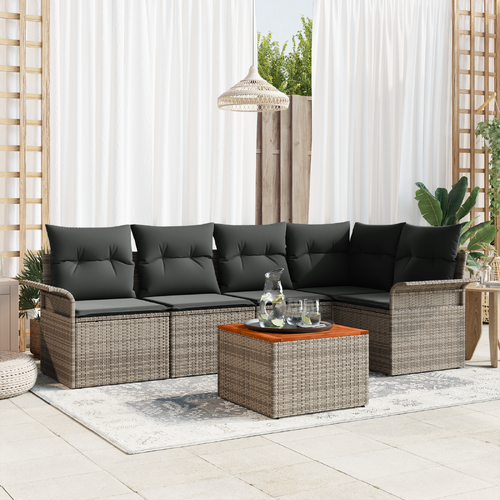 6 Piece Garden Sofa Set with Cushions Grey Poly Rattan Acacia
