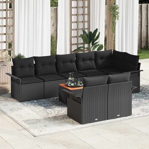 9 Piece Garden Sofa Set with Cushions Black Poly Rattan Acacia