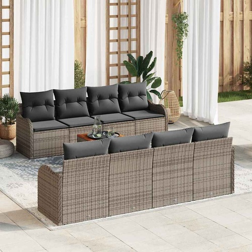 9 Piece Garden Sofa Set with Cushions Grey Poly Rattan Acacia