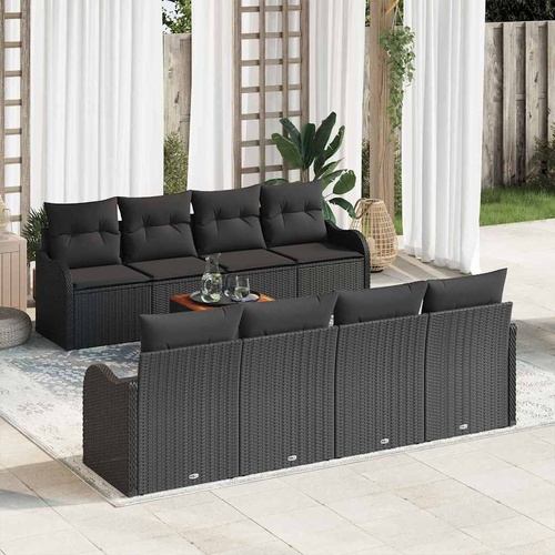 9 Piece Garden Sofa Set with Cushions Black Poly Rattan Acacia