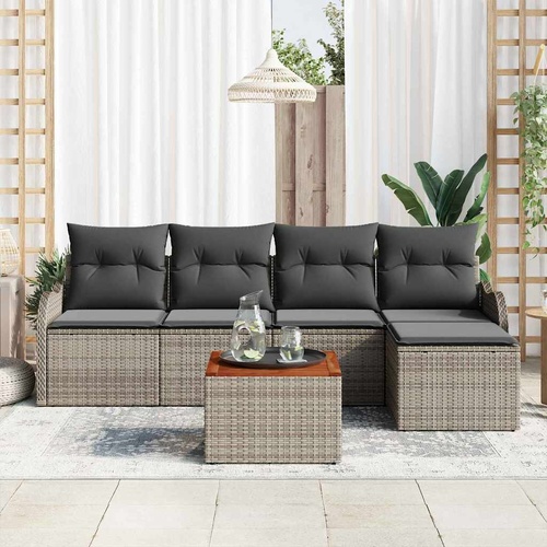 6 Piece Garden Sofa Set with Cushions Grey Poly Rattan Acacia