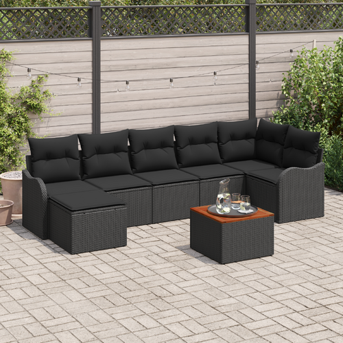 8 Piece Garden Sofa Set with Cushions Black Poly Rattan Acacia