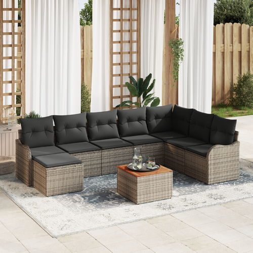 9 Piece Garden Sofa Set with Cushions Grey Poly Rattan Acacia