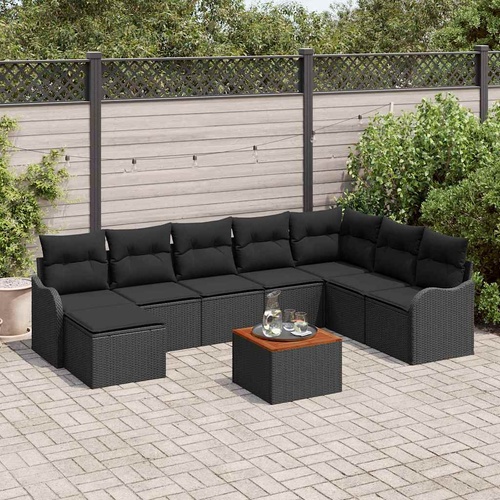 9 Piece Garden Sofa Set with Cushions Black Poly Rattan Acacia