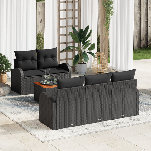 6 Piece Garden Sofa Set with Cushions Black Poly Rattan Acacia