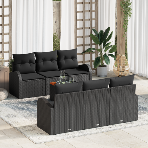 7 Piece Garden Sofa Set with Cushions Black Poly Rattan Acacia