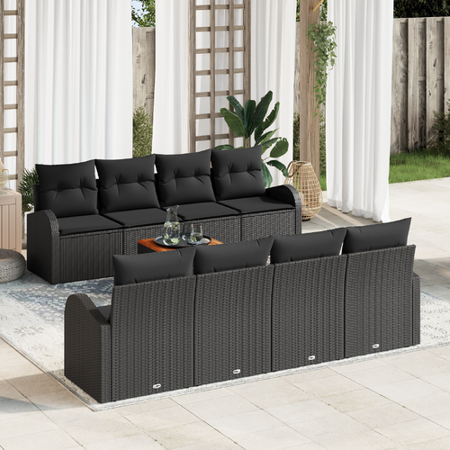 9 Piece Garden Sofa Set with Cushions Black Poly Rattan Acacia
