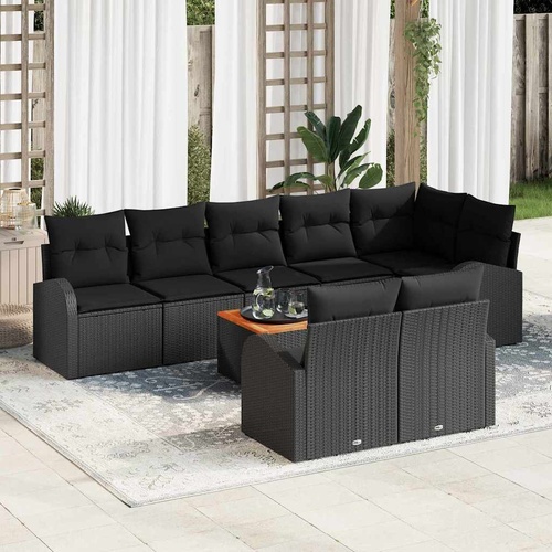 9 Piece Garden Sofa Set with Cushions Black Poly Rattan Acacia