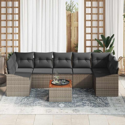 8 Piece Garden Sofa Set with Cushions Grey Poly Rattan Acacia