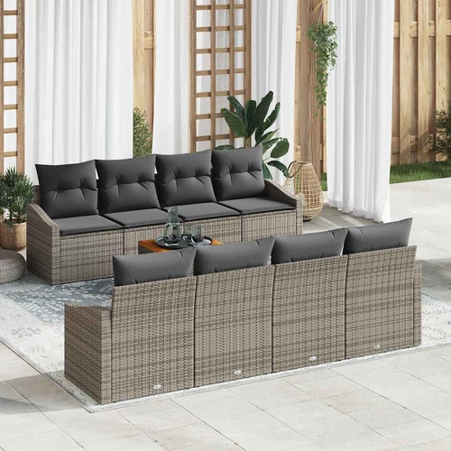 9 Piece Garden Sofa Set with Cushions Grey Poly Rattan Acacia