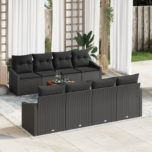 9 Piece Garden Sofa Set with Cushions Black Poly Rattan Acacia