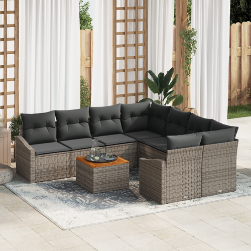 9 Piece Garden Sofa Set with Cushions Grey Poly Rattan Acacia