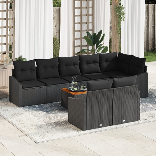 9 Piece Garden Sofa Set with Cushions Black Poly Rattan Acacia