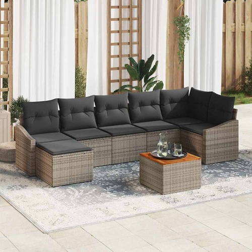 8 Piece Garden Sofa Set with Cushions Grey Poly Rattan Acacia