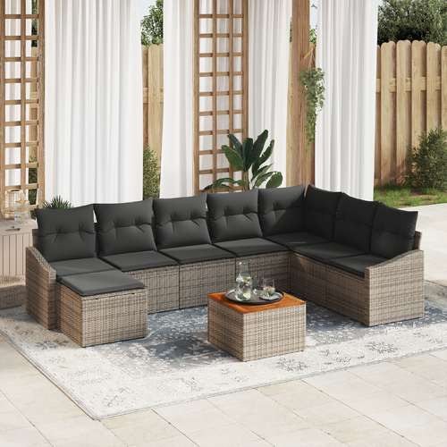 9 Piece Garden Sofa Set with Cushions Grey Poly Rattan Acacia