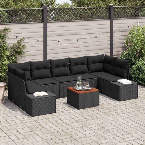 8 Piece Garden Sofa Set with Cushions Black Poly Rattan Acacia