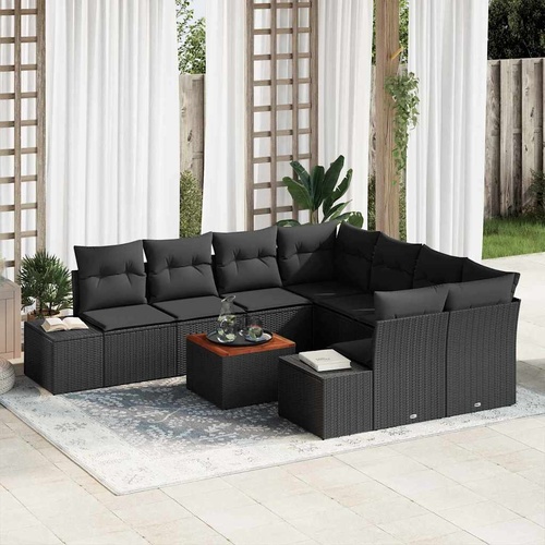 9 Piece Garden Sofa Set with Cushions Black Poly Rattan Acacia