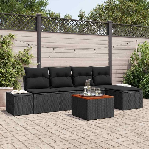 6 Piece Garden Sofa Set with Cushions Black Poly Rattan Acacia