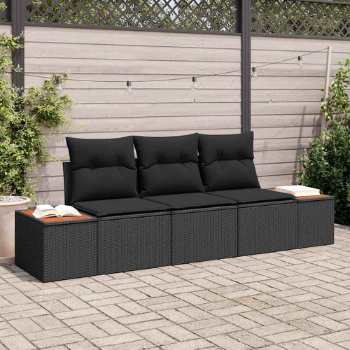 3 Piece Garden Sofa Set with Cushions Black Poly Rattan Acacia
