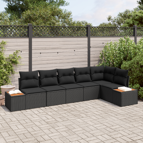 6 Piece Garden Sofa Set with Cushions Black Poly Rattan Acacia