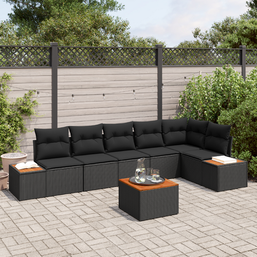 7 Piece Garden Sofa Set with Cushions Black Poly Rattan Acacia