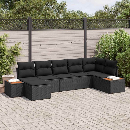 7 Piece Garden Sofa Set with Cushions Black Poly Rattan Acacia