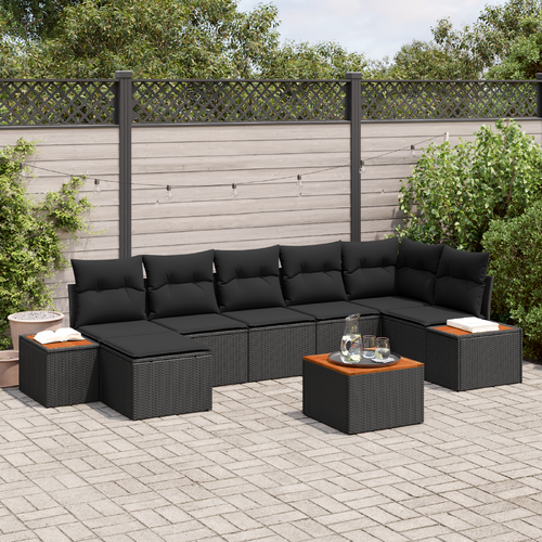 8 Piece Garden Sofa Set with Cushions Black Poly Rattan Acacia