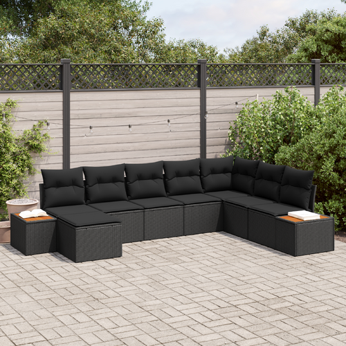 8 Piece Garden Sofa Set with Cushions Black Poly Rattan Acacia