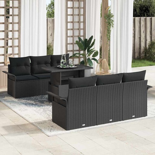 7 Piece Garden Sofa Set with Cushions Black Poly Rattan