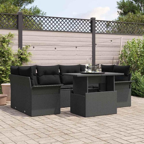 7 Piece Garden Sofa Set with Cushions Black Poly Rattan