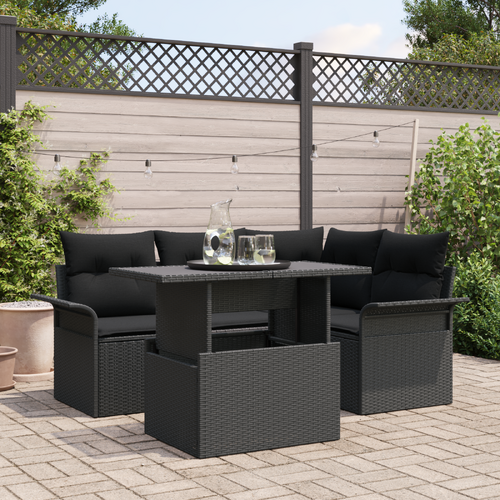 5 Piece Garden Sofa Set with Cushions Black Poly Rattan