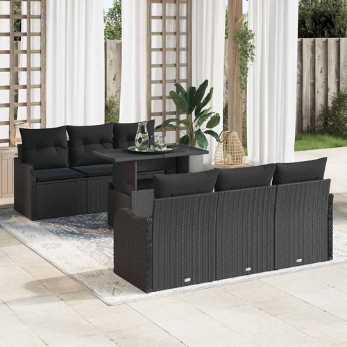7 Piece Garden Sofa Set with Cushions Black Poly Rattan