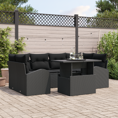 7 Piece Garden Sofa Set with Cushions Black Poly Rattan