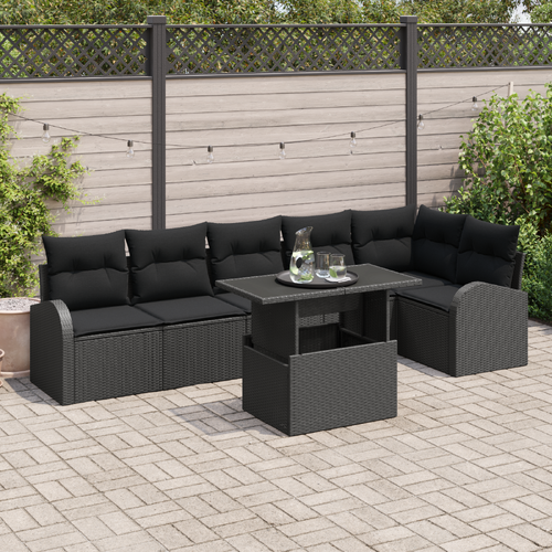 7 Piece Garden Sofa Set with Cushions Black Poly Rattan