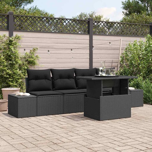 5 Piece Garden Sofa Set with Cushions Black Poly Rattan