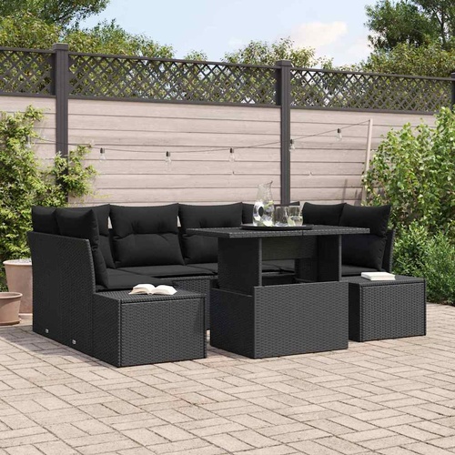 7 Piece Garden Sofa Set with Cushions Black Poly Rattan