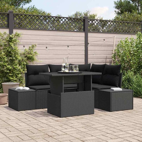 5 Piece Garden Sofa Set with Cushions Black Poly Rattan